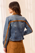Load image into Gallery viewer, Tribal Suede Zip Front Denim Jacket
