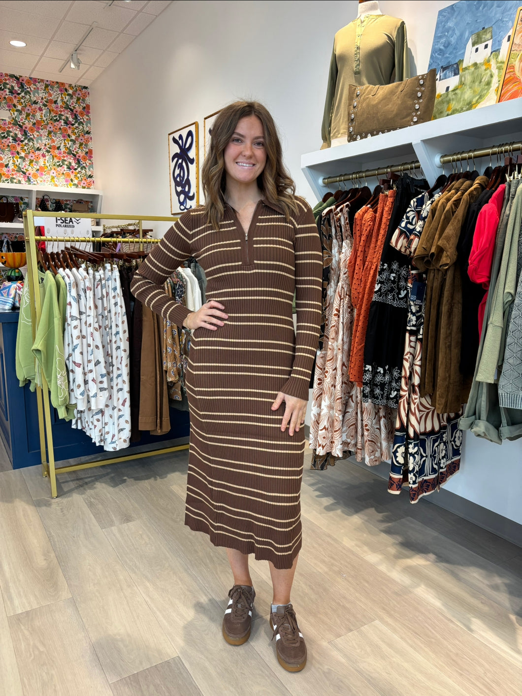 Moon River Striped Collar Knit Midi