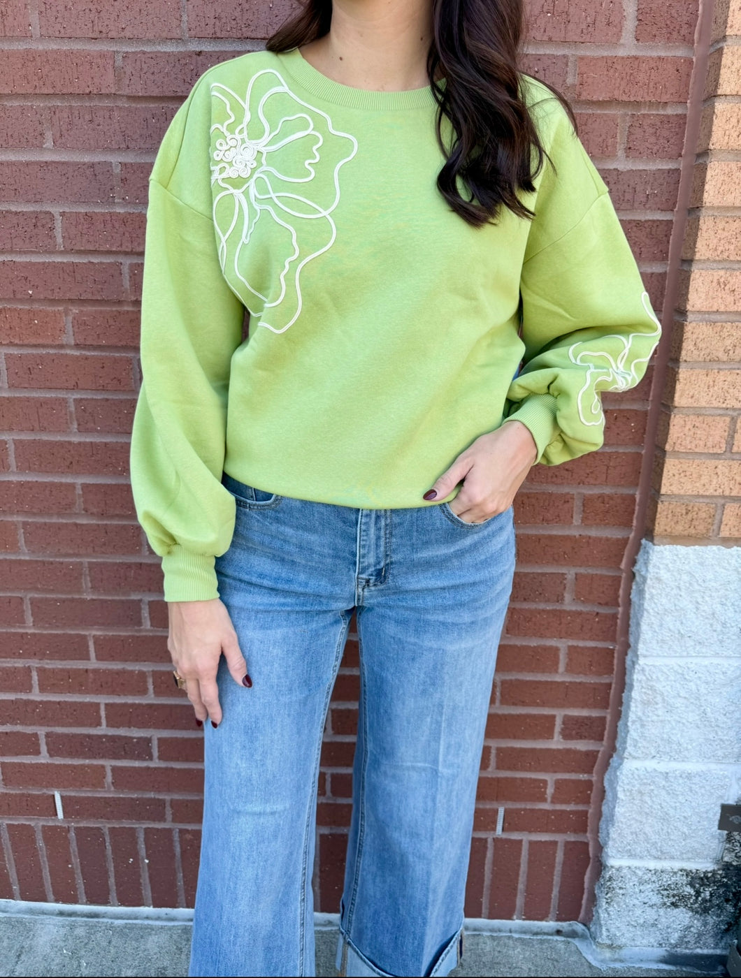 Tribal Wasabi Crew Neck Embroidered Top