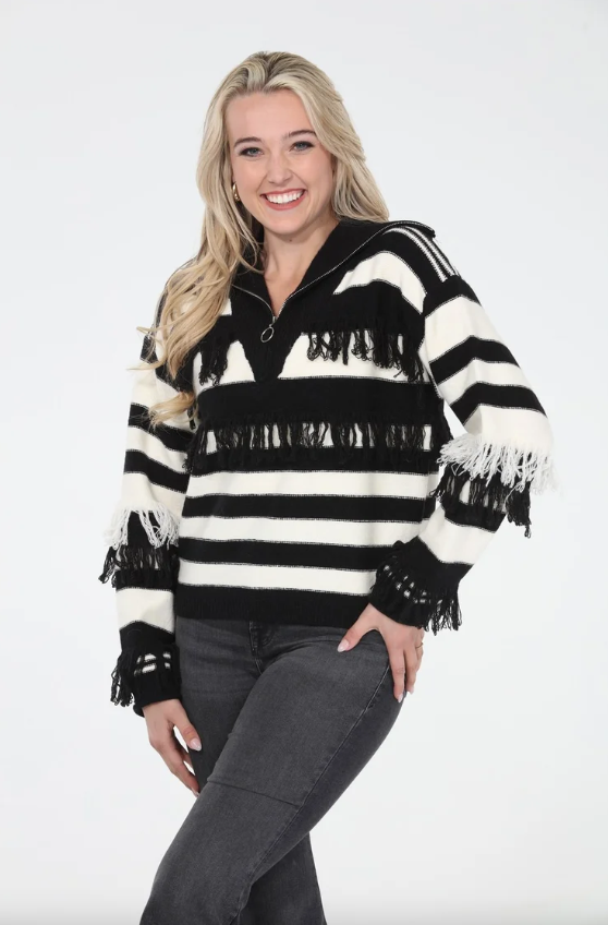 Rain and Rose Fringe Zip Neck Sweater