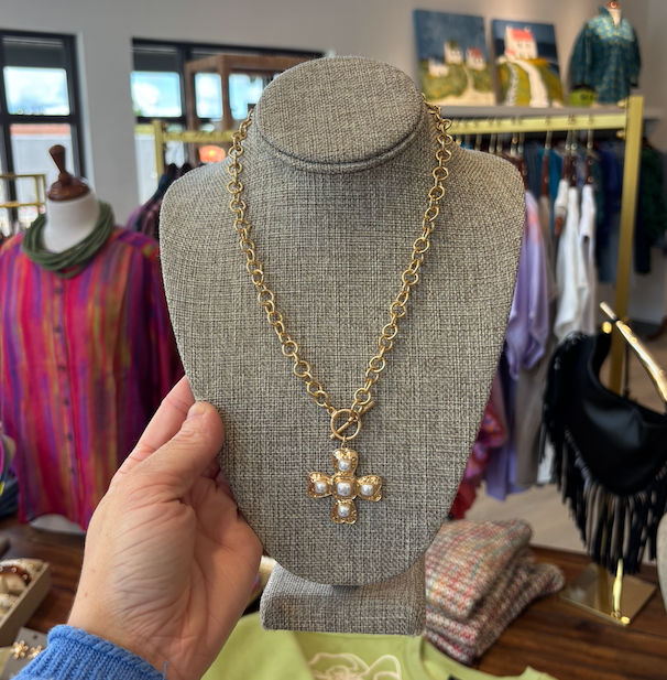 Palazzo Gold and Pearl Cross Necklace