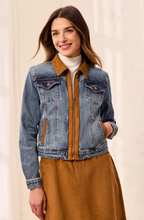 Load image into Gallery viewer, Tribal Suede Zip Front Denim Jacket
