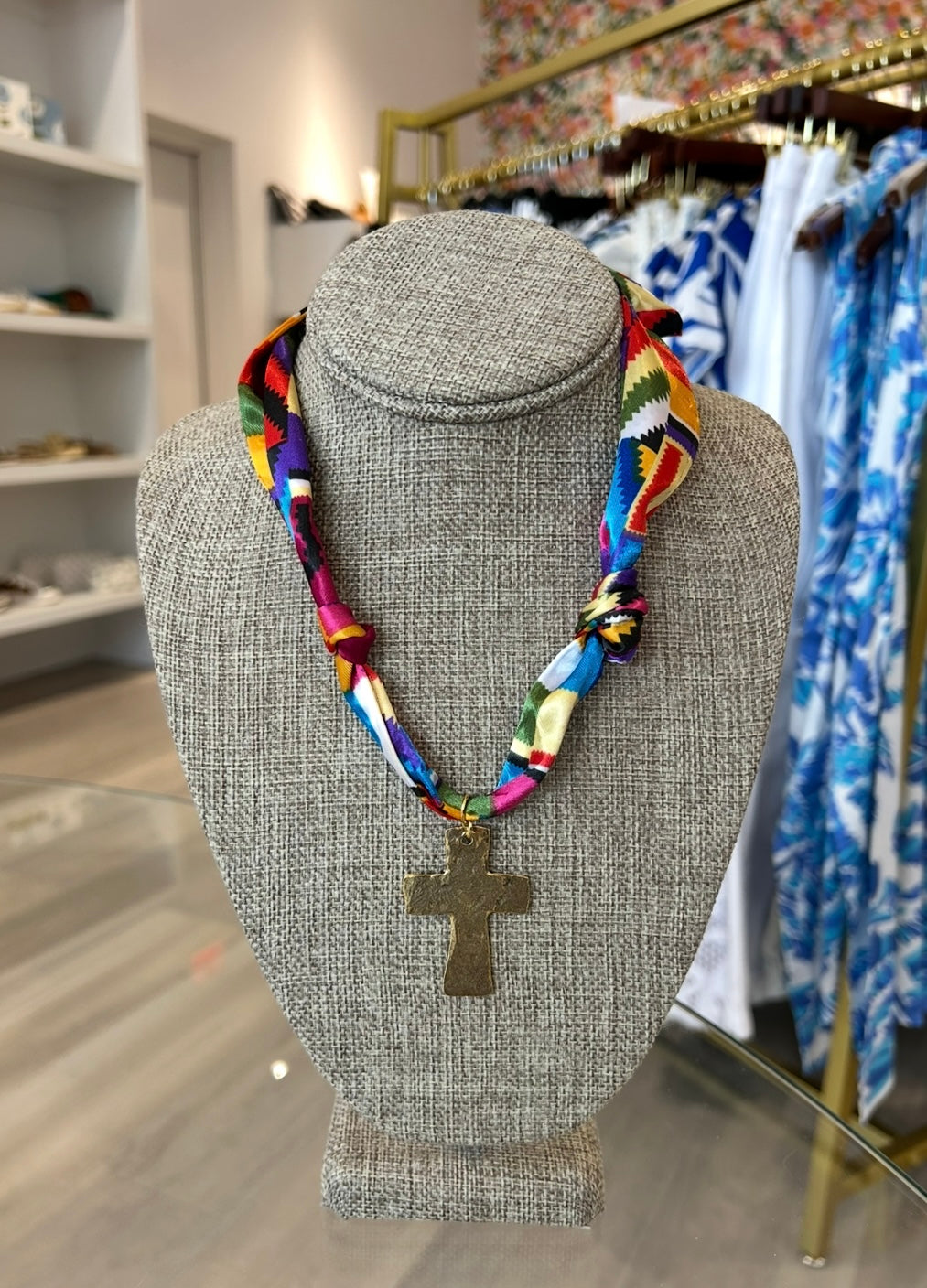 Hammered Cross on Scarf Necklace